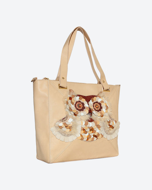 OWL Leather Applique Tote Bag