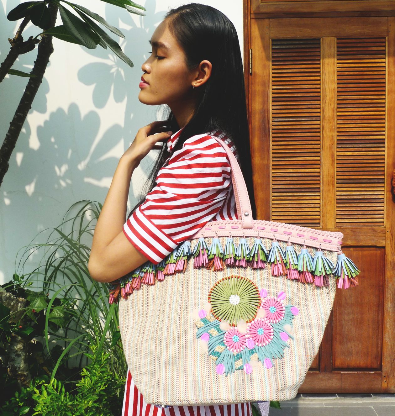 Large, colorful,  summer basket, embellished with 36 handmade leather tassels and flowers made with leather string
